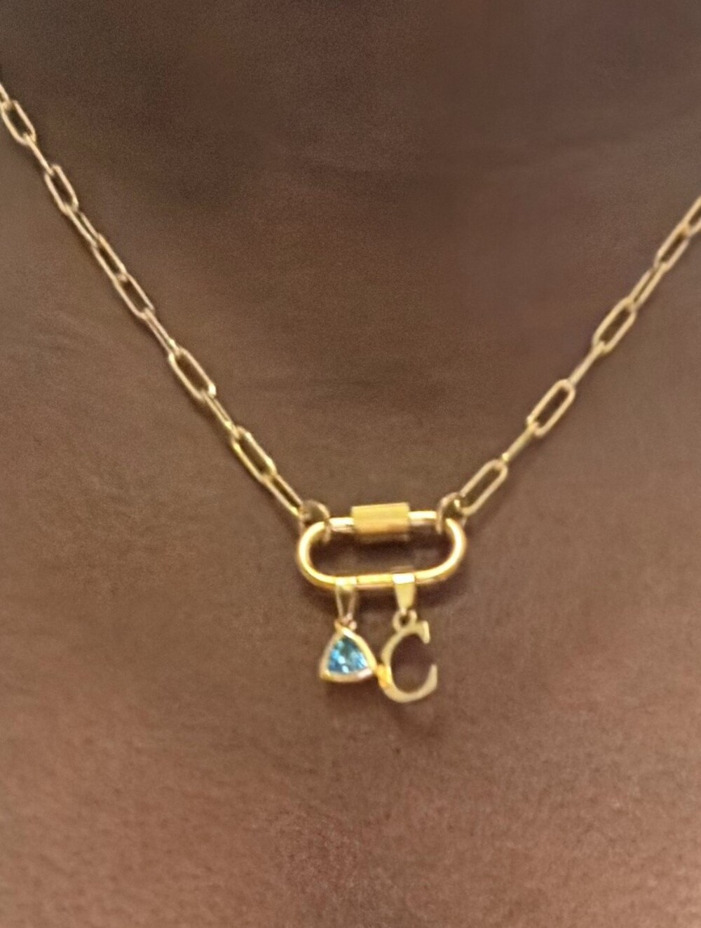 Gold Necklace with Blue Teardrop Charm and Letter C